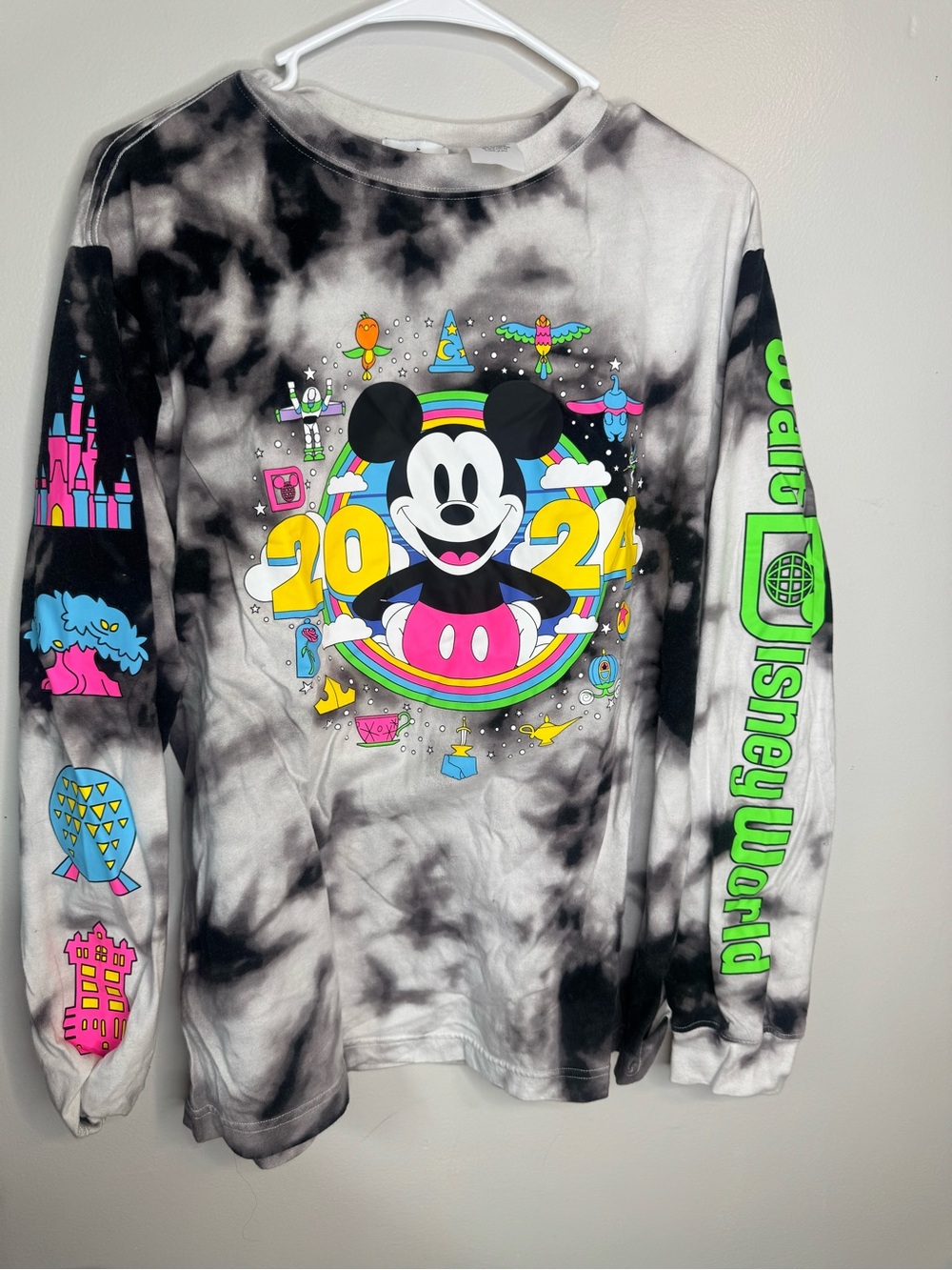 Disney Black & White Tie-Dye Mickey 2024 Long Sleeve Shirt with Neon Accents